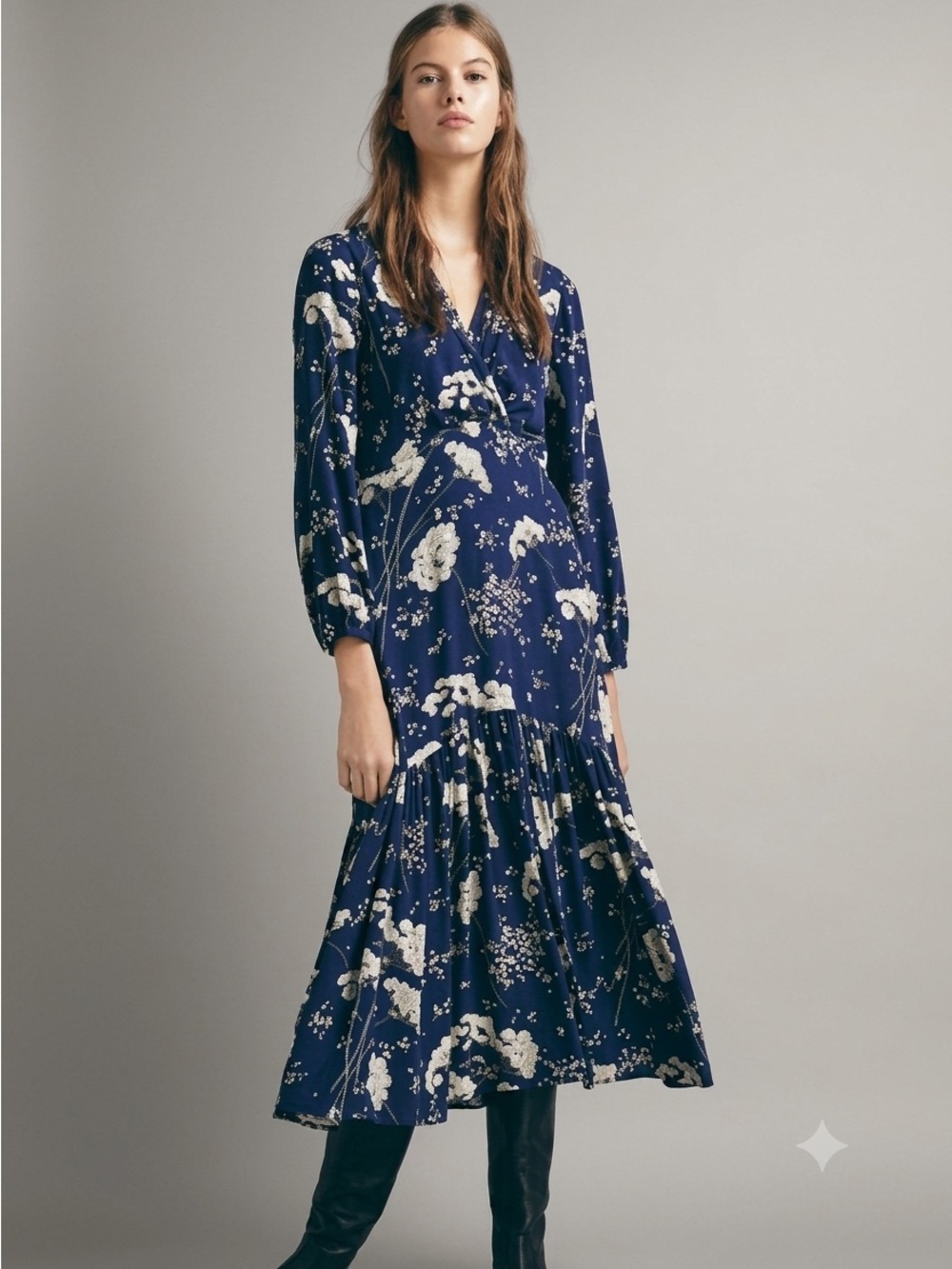 Massimo Dutti Sz 4 Navy Floral Cottagecore Romantic Feminine Midi Dress